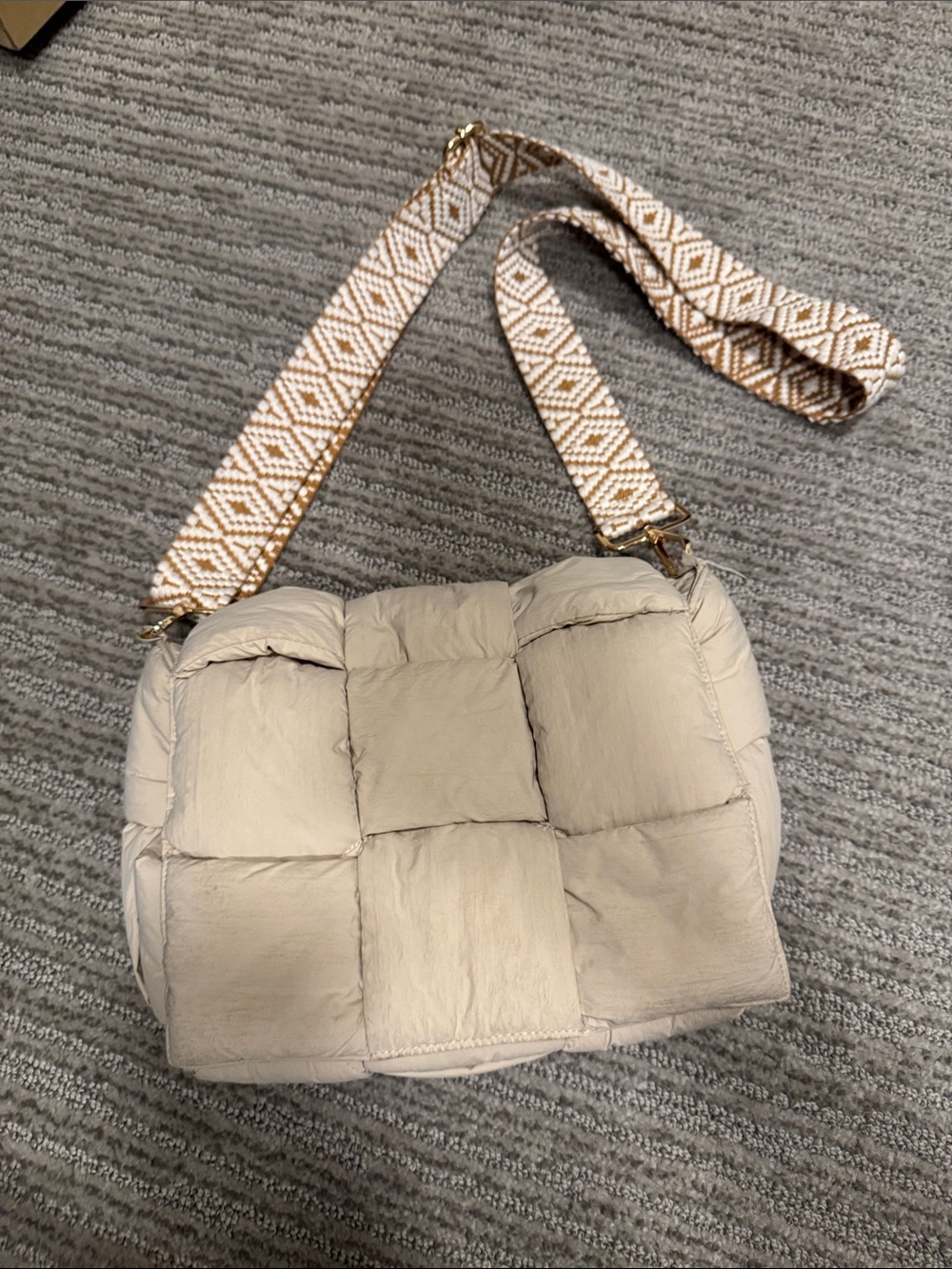 Neutral Quilted Crossbody Bag with Patterned Strap